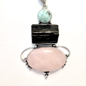 2 inch, Rose Quartz, Black Tourmaline and Larimar pendant on a silver chain.